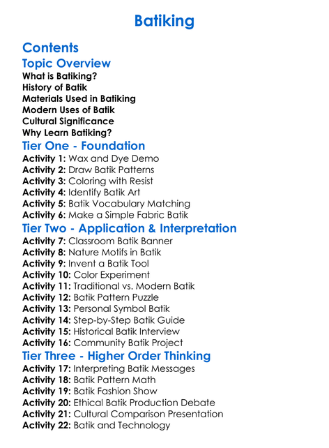 Batiking Worksheet Activity Booklet