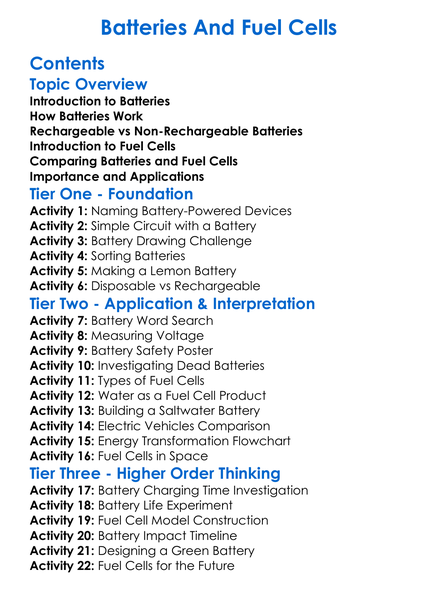 Batteries And Fuel Cells Worksheet Activity Booklet