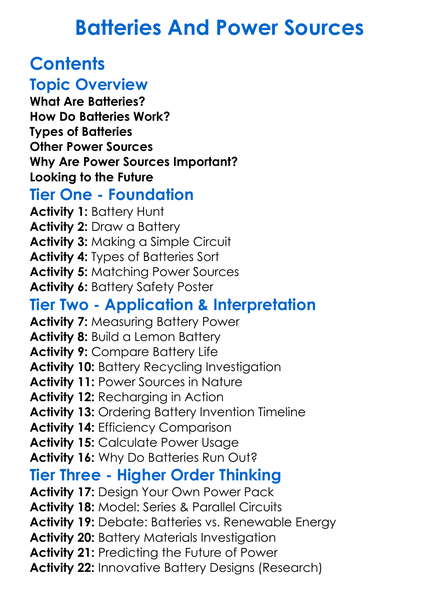 Batteries And Power Sources Worksheet Activity Booklet