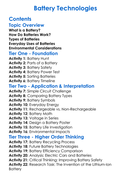 Battery Technologies Worksheet Activity Booklet