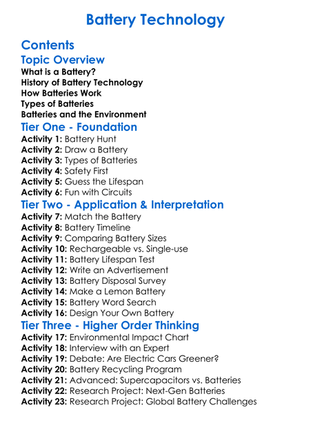 Battery Technology Worksheet Activity Booklet
