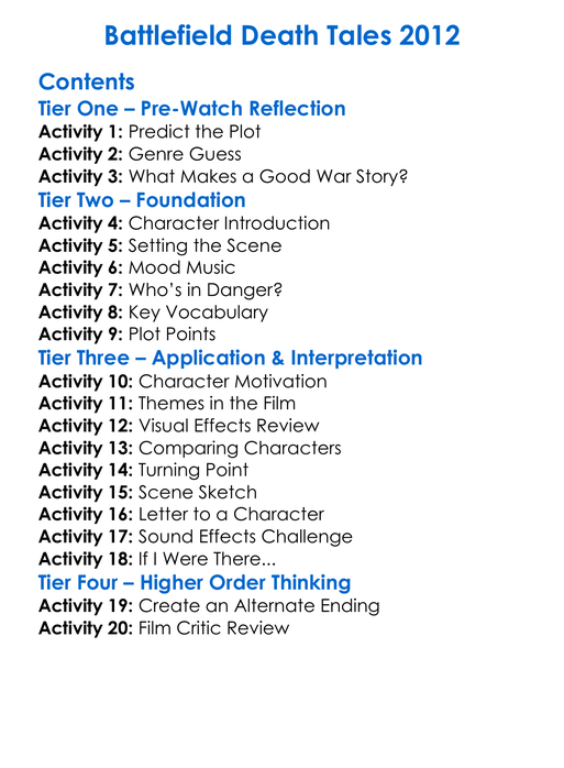 Battlefield Death Tales 2012 Worksheet Activity Booklet