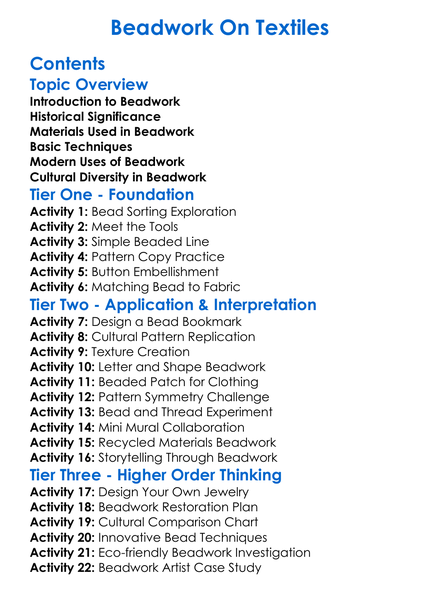 Beadwork On Textiles Worksheet Activity Booklet