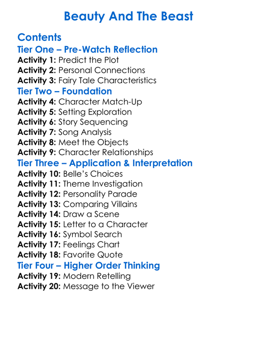 Beauty And The Beast Worksheet Activity Booklet