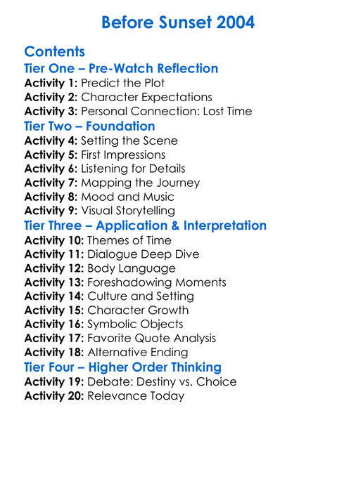 Before Sunset 2004 Worksheet Activity Booklet
