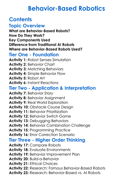 Behavior-Based Robotics Worksheet Activity Booklet