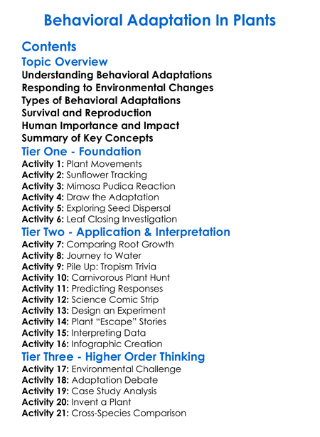 Behavioral Adaptation In Plants Worksheet Activity Booklet