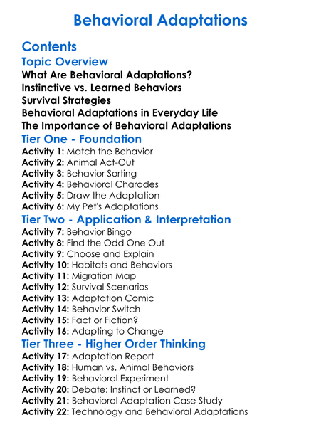 Behavioral Adaptations Worksheet Activity Booklet