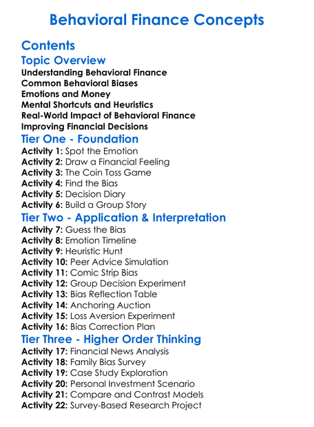 Behavioral Finance Concepts Worksheet Activity Booklet