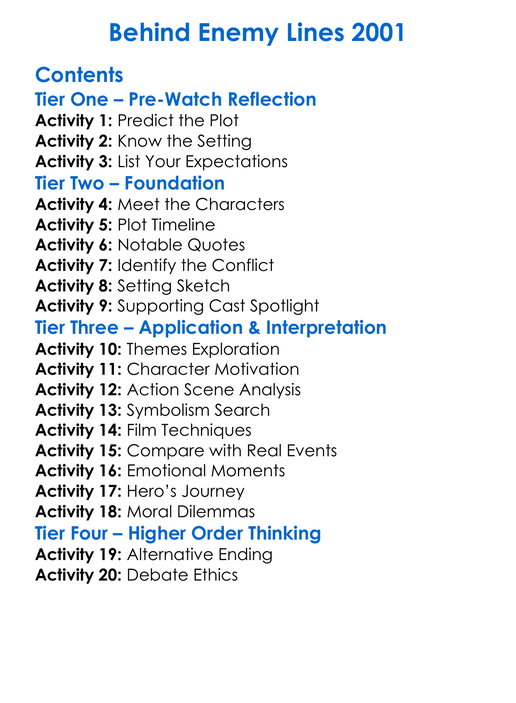 Behind Enemy Lines 2001 Worksheet Activity Booklet