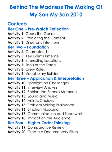 Behind The Madness The Making Of My Son My Son 2010 Worksheet Activity Booklet