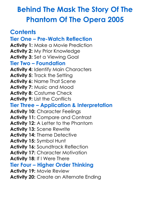 Behind The Mask The Story Of The Phantom Of The Opera 2005 Worksheet Activity Booklet