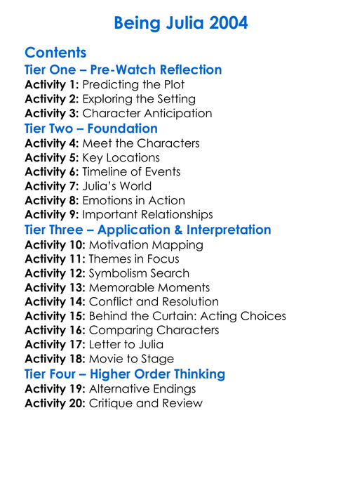 Being Julia 2004 Worksheet Activity Booklet