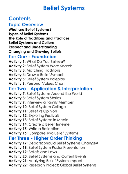 Belief Systems Worksheet Activity Booklet