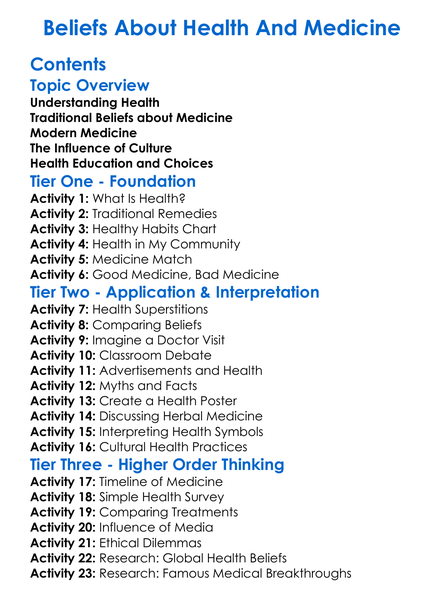 Beliefs About Health And Medicine Worksheet Activity Booklet