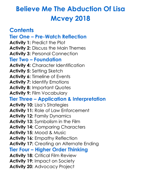 Believe Me The Abduction Of Lisa Mcvey 2018 Worksheet Activity Booklet