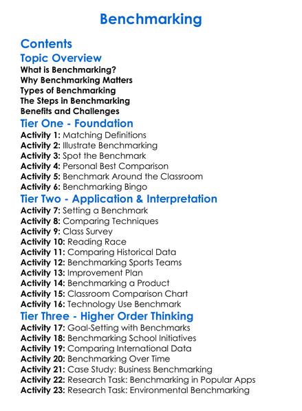 Benchmarking Worksheet Activity Booklet