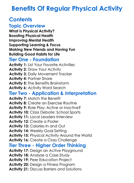 Benefits Of Regular Physical Activity Worksheet Activity Booklet