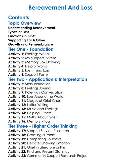 Bereavement And Loss Worksheet Activity Booklet