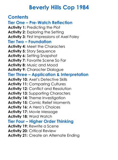 Beverly Hills Cop 1984 Worksheet Activity Booklet