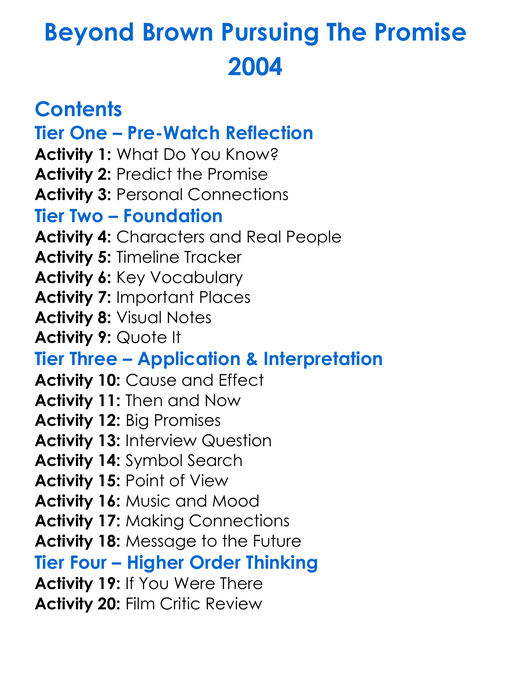Beyond Brown Pursuing The Promise 2004 Worksheet Activity Booklet