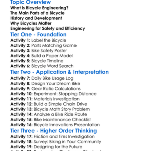 Bicycle Engineering Worksheet Activity Booklet