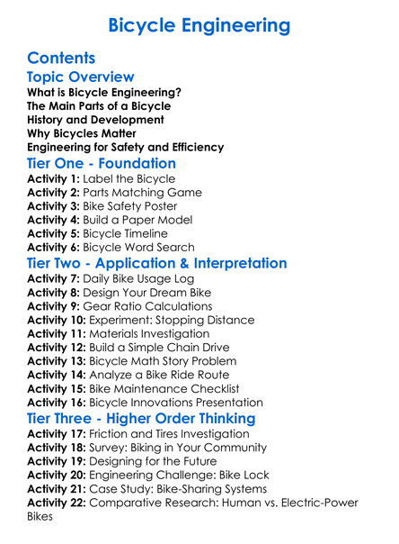 Bicycle Engineering Worksheet Activity Booklet