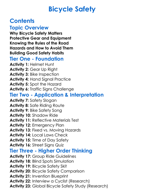 Bicycle Safety Worksheet Activity Booklet