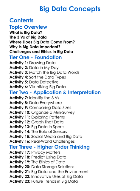 Big Data Concepts Worksheet Activity Booklet