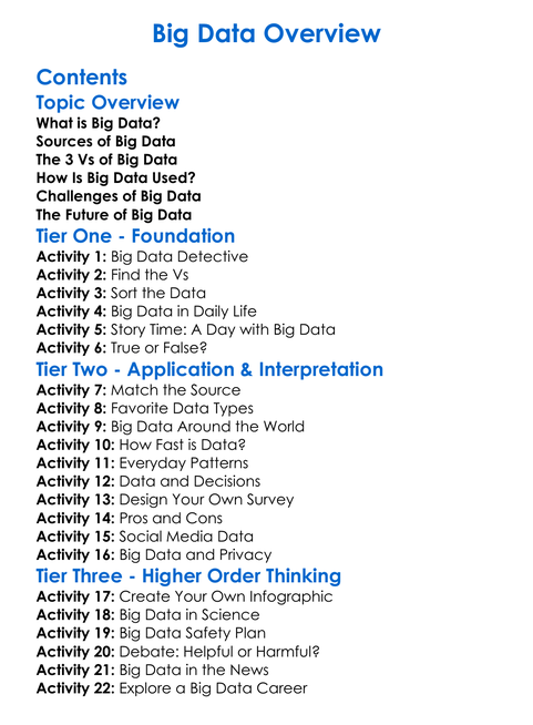 Big Data Overview Worksheet Activity Booklet