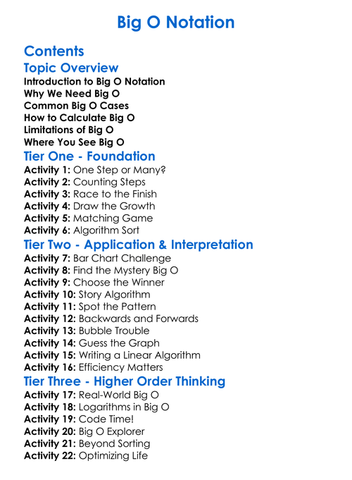 Big O Notation Worksheet Activity Booklet
