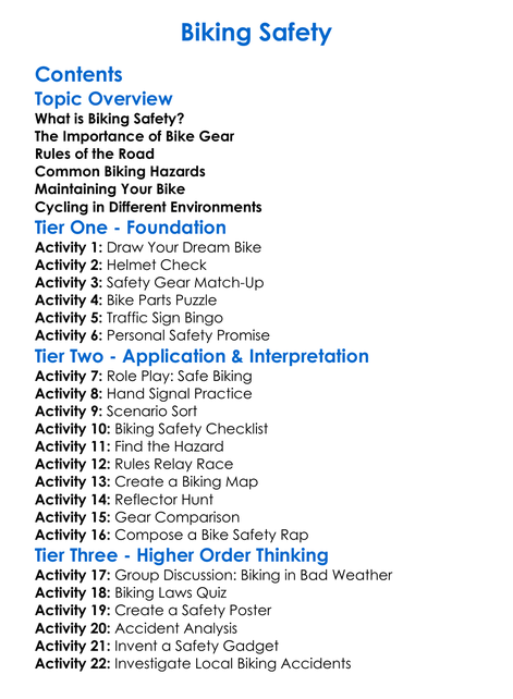 Biking Safety Worksheet Activity Booklet