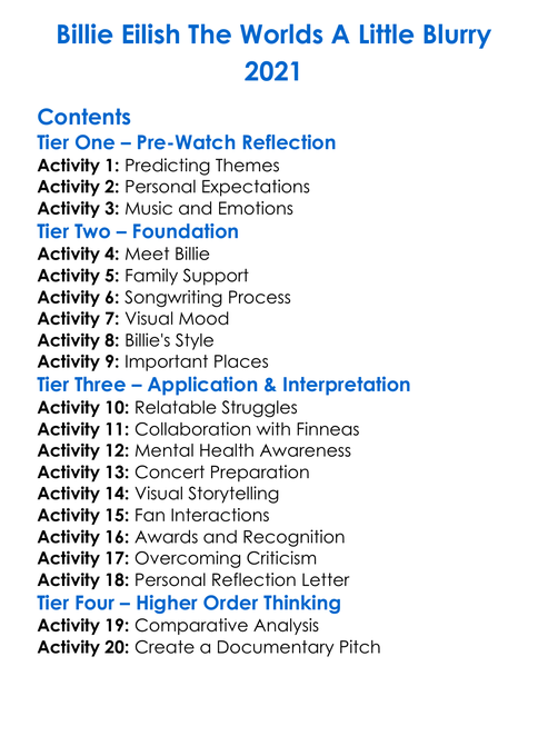 Billie Eilish The Worlds A Little Blurry 2021 Worksheet Activity Booklet