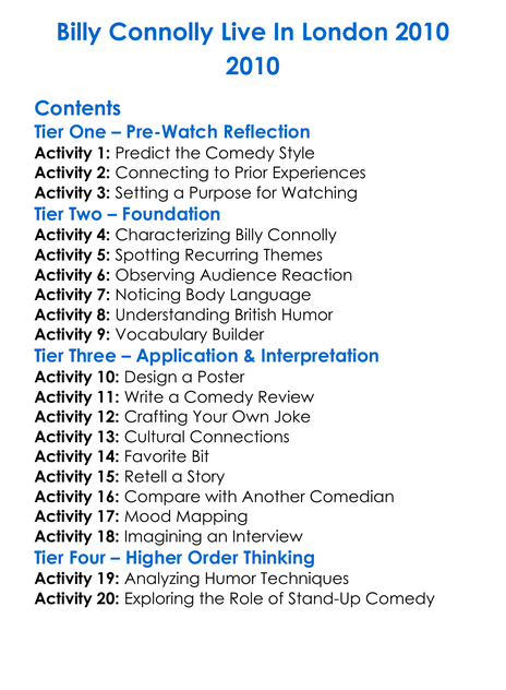 Billy Connolly Live In London 2010 2010 Worksheet Activity Booklet