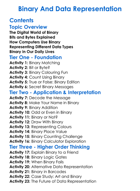 Binary And Data Representation Worksheet Activity Booklet