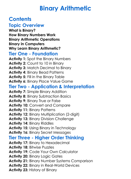 Binary Arithmetic Worksheet Activity Booklet