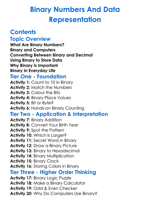 Binary Numbers And Data Representation Worksheet Activity Booklet