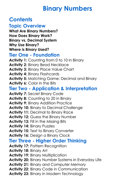 Binary Numbers Worksheet Activity Booklet