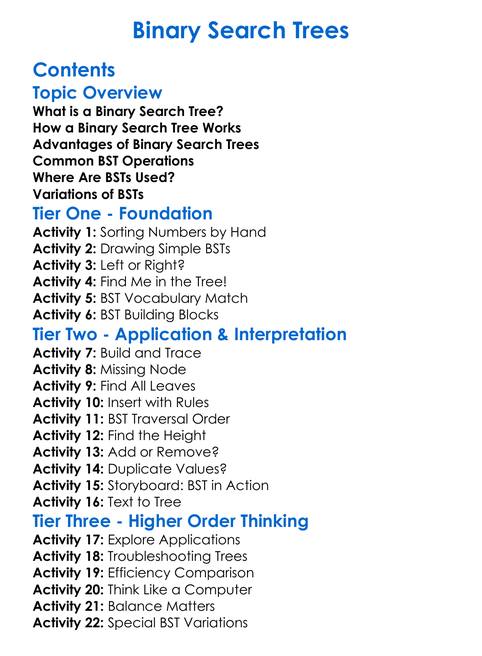 Binary Search Trees Worksheet Activity Booklet