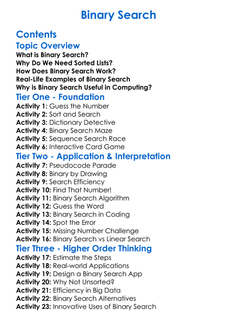 Binary Search Worksheet Activity Booklet
