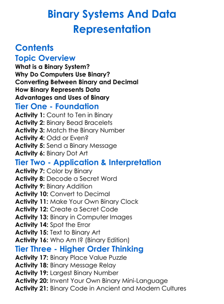 Binary Systems And Data Representation Worksheet Activity Booklet