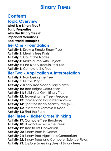 Binary Trees Worksheet Activity Booklet