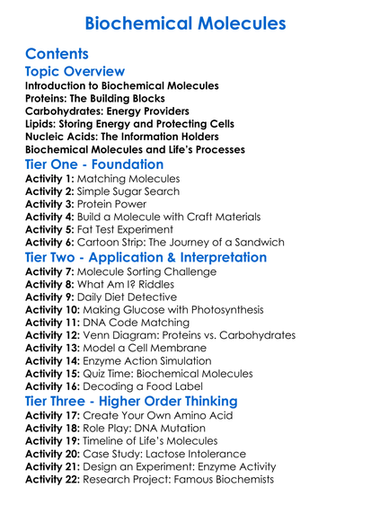 Biochemical Molecules Worksheet Activity Booklet