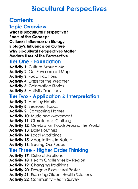 Biocultural Perspectives Worksheet Activity Booklet