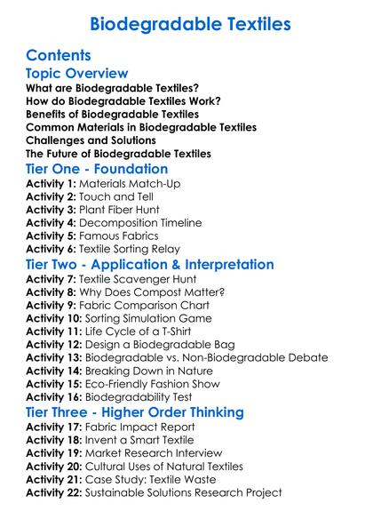 Biodegradable Textiles Worksheet Activity Booklet