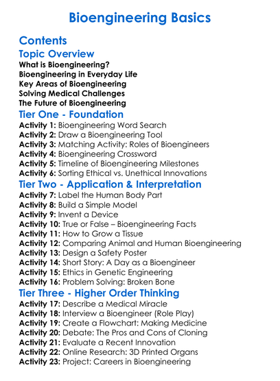 Bioengineering Basics Worksheet Activity Booklet
