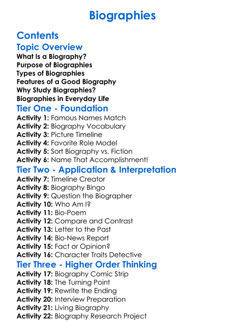 Biographies Worksheet Activity Booklet