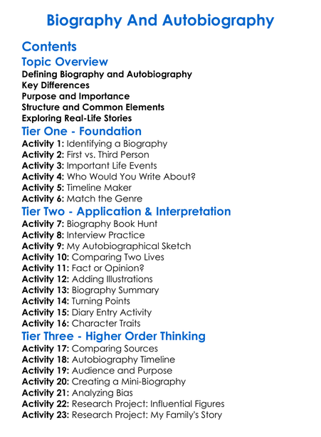 Biography And Autobiography Worksheet Activity Booklet