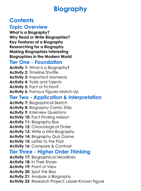 Biography Worksheet Activity Booklet