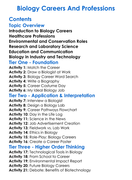 Biology Careers And Professions Worksheet Activity Booklet